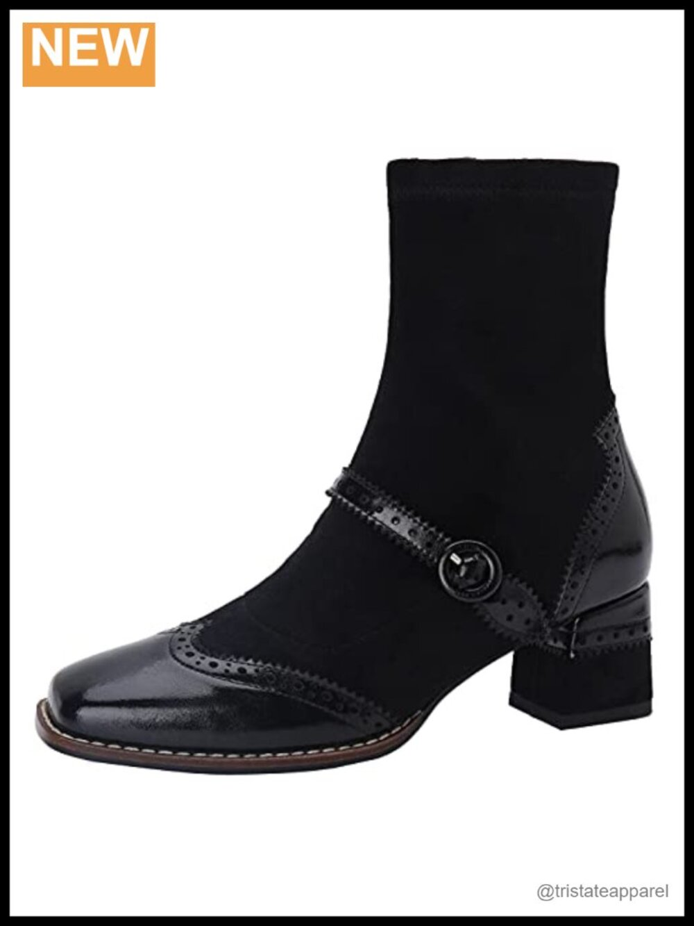 Women's Leather & Suede Ankle Booties, Square Toe Mid Heel, Side Zipper, Block